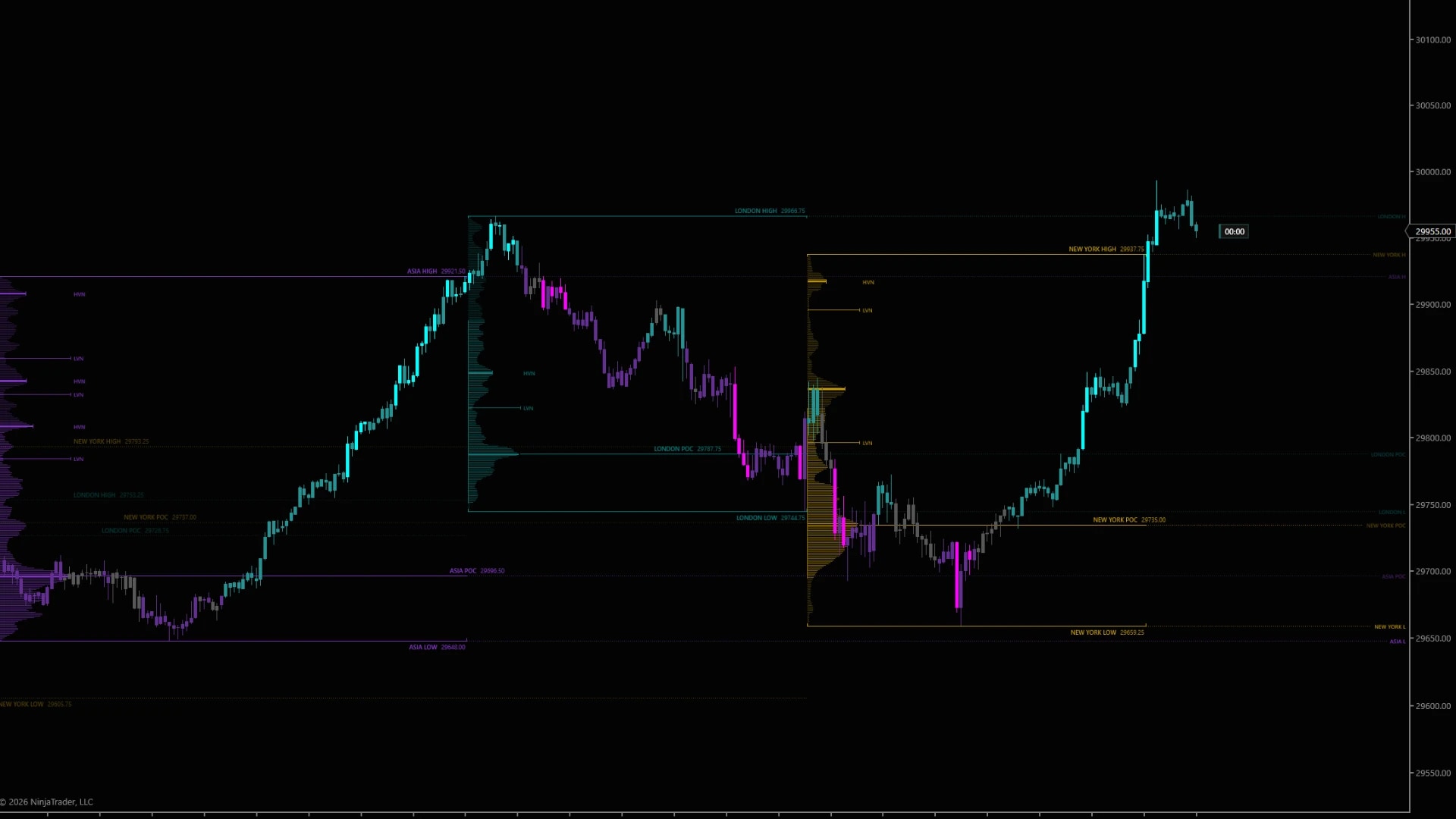DS ASL on a NinjaTrader 8 chart — Asia, London and New York, each with its volume profile inside its bracket — HVN and LVN marked, the POC drawn as a level beside the high and low.