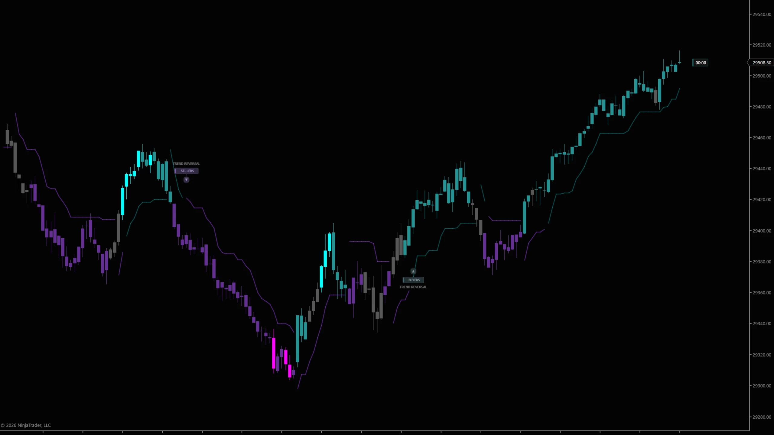DS Oracle on a NinjaTrader 8 chart — TREND REVERSAL labels for buyers and sellers, on the SuperTrend structure underneath.