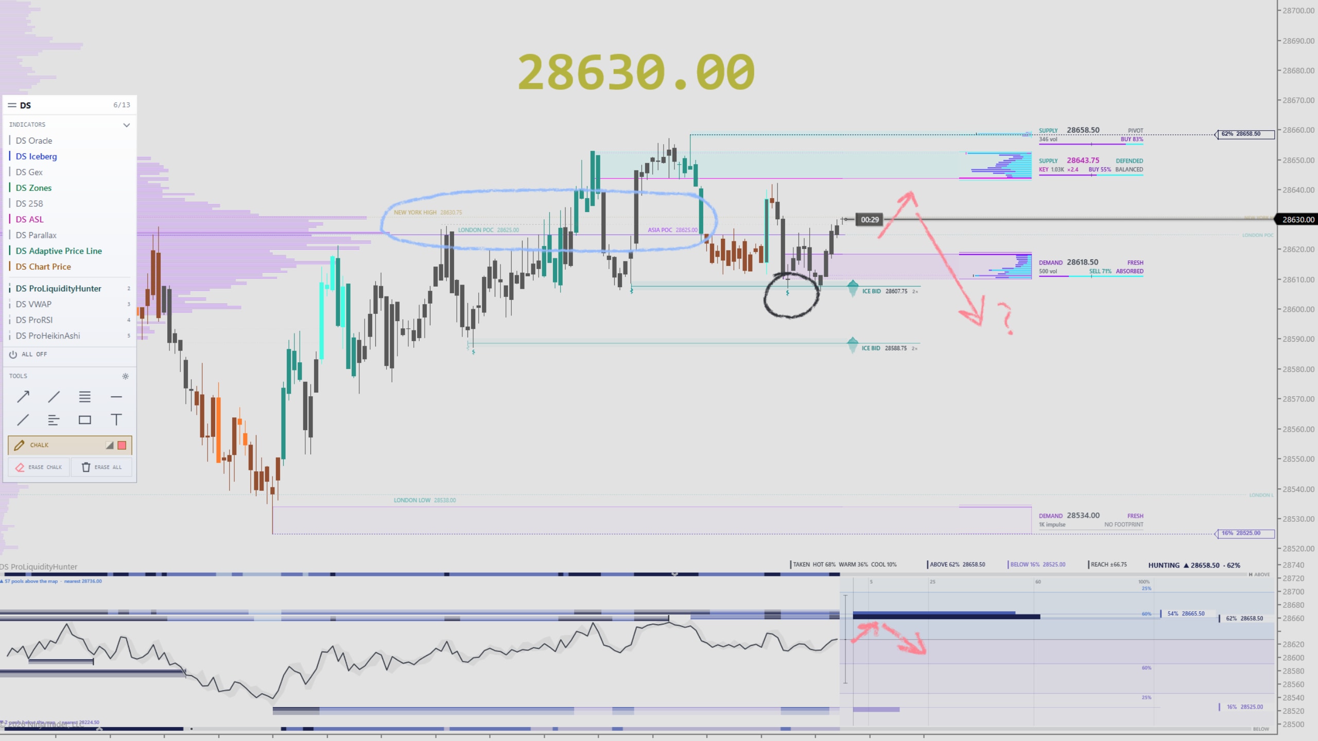 DS Toolkit on a NinjaTrader 8 chart — The rail at 6/13: DS Iceberg, Zones, ASL, Adaptive Price Line, Chart Price and ProLiquidityHunter switched on, the drawing tools below, and chalk notes over price.
