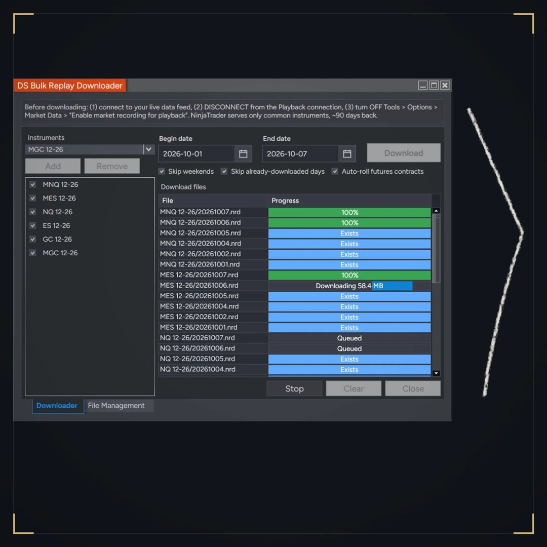 DS Bulk Replay Downloader in NinjaTrader 8: six futures instruments selected, a date range, and the per-file list showing finished, existing, downloading and queued Market Replay days.
