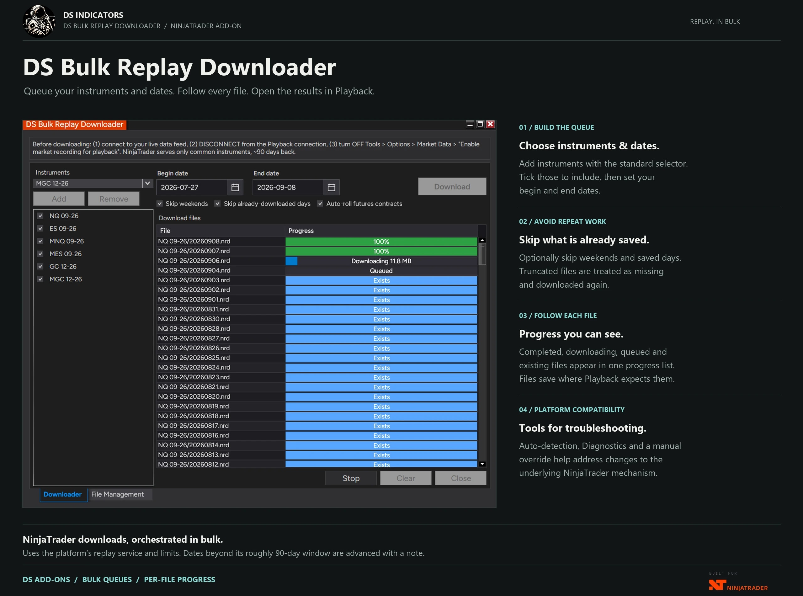 DS Bulk Replay Downloader product guide — Queue your instruments and dates. Follow every file.