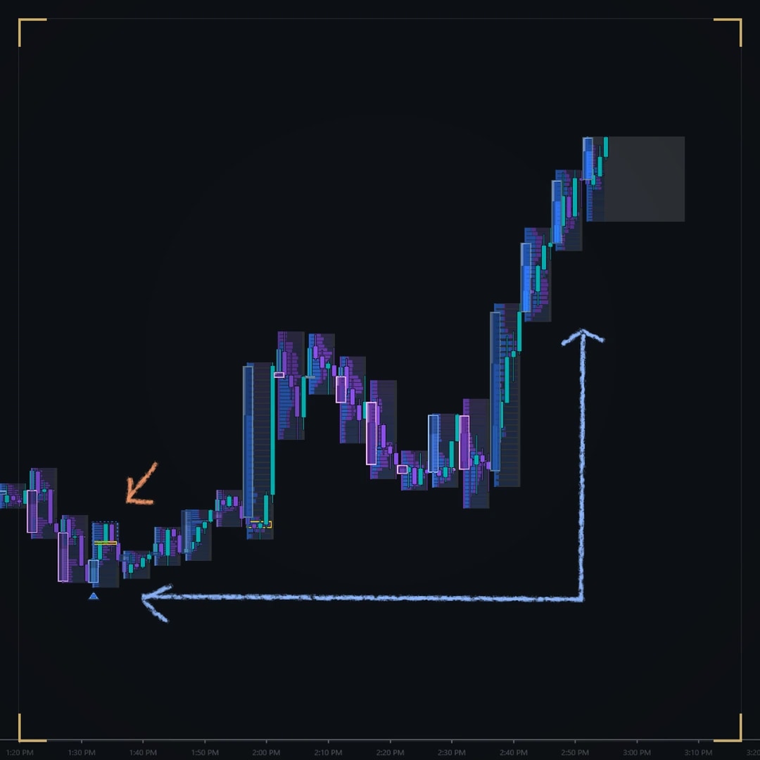 DS Flow on a dark NinjaTrader chart: buy and sell volume at every price, drawn as profiles along a rally from its base; hand-drawn arrows trace the move.
