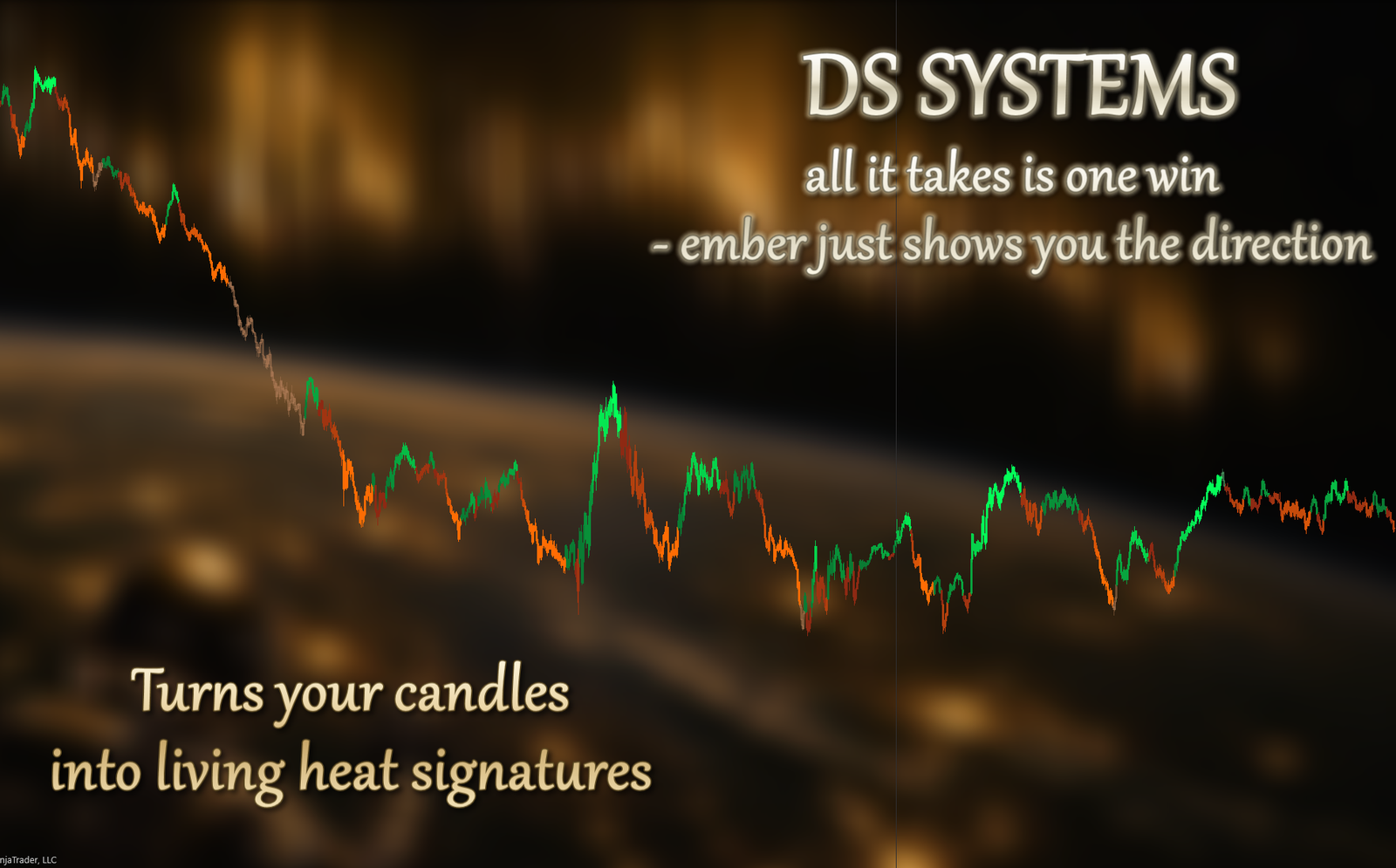 DS Ember turning candles into living heat signatures — every trend re-read live, zero repaints.